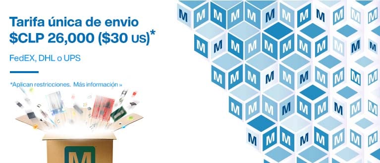 Tarifa única de envio $CLP 26,000 ($30 US)*. FedEx, DHL o UPS. *Aplican restricciones. Más información.
