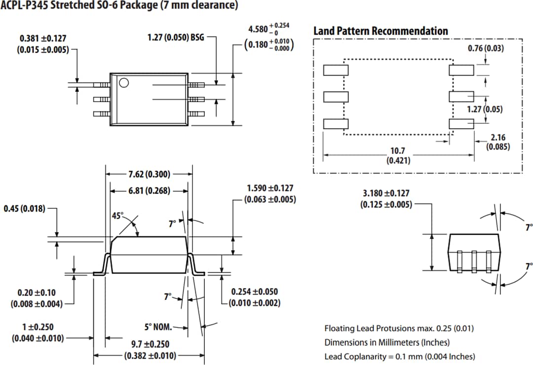 Mechanical Drawing - Broadcom ACPL-x345 SiC MOSFET Gate Drive Optocouplers