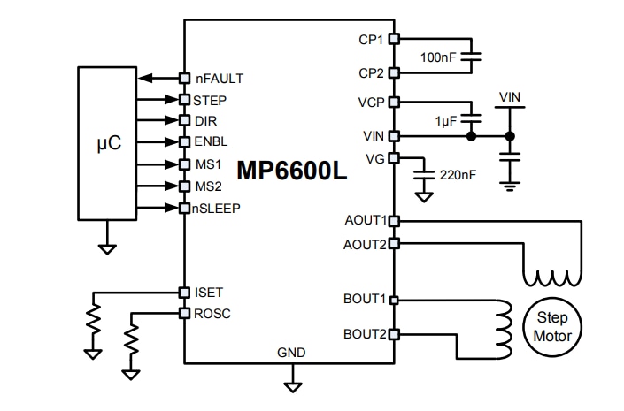 Application Circuit Diagram - Monolithic Power Systems (MPS) MP6600L 35V, 1.5A Stepper Motor Driver