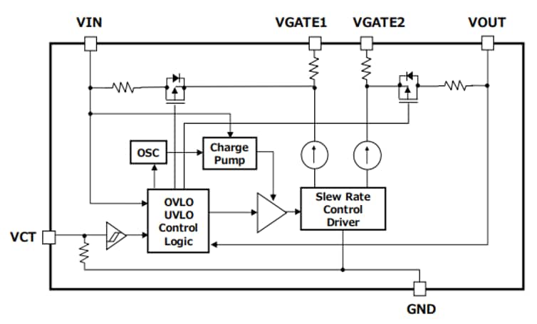 Block Diagram - Toshiba Gate Driver + MOSFET for 5V to 24V Line Power MUX