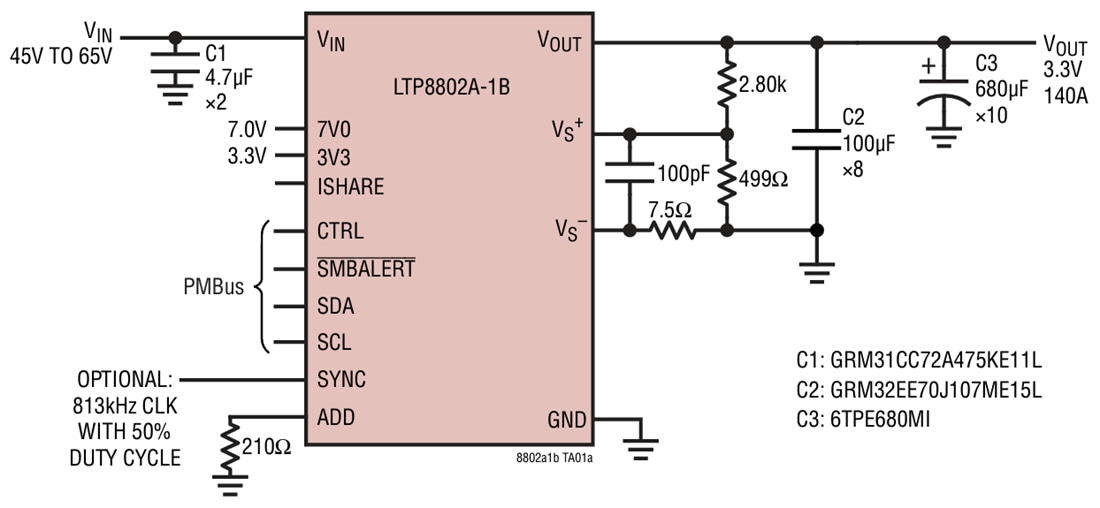 Application Circuit Diagram - Analog Devices Inc. LTP8802A-1B 54V 140A DC/DC μModule Regulator