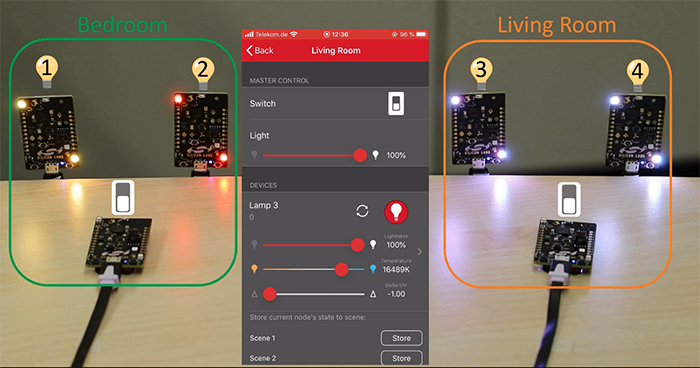 the two groups setup on the app, and pictures of the light nodes and the boards provisioned as switches