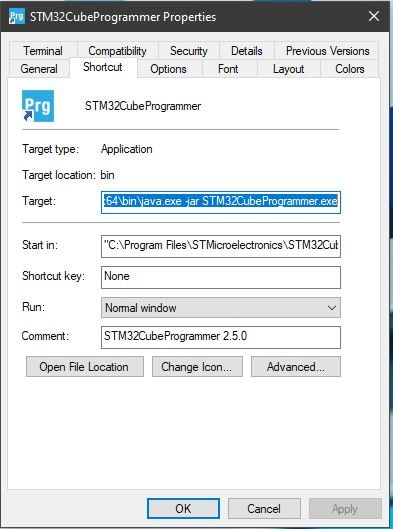 STM32CubeProgrammer Windows Properties