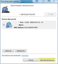 Adding the XBee device to selected devices.