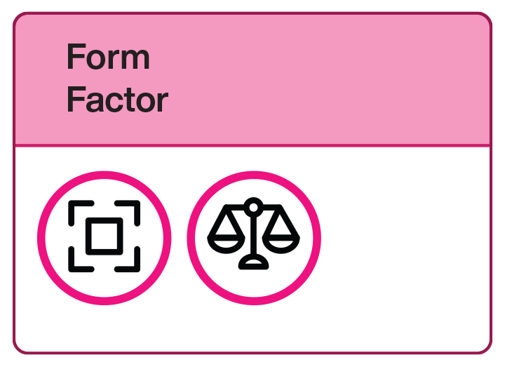 Pink Form Factor card with 2 icons within all in pink circles, starting left to right: Specialized systems and Data logging