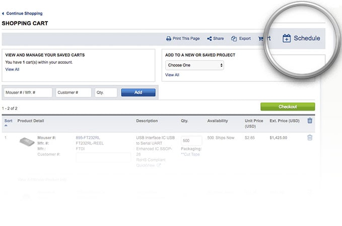 Botón "Programar pedido" resaltado en la página Carrito de compras.