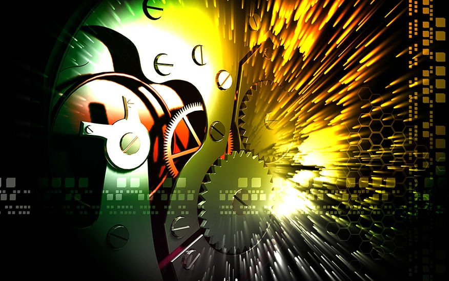 Digital illustration of gears helping to synchronize time.